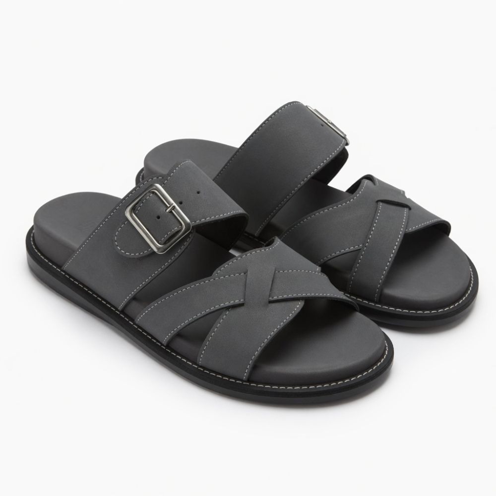 Classic Grey Multi Strap Slide Sandals with Adjustable Buckle